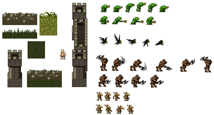 Tower Defense Prototyping Assets: 4 monsters, some tiles, a background